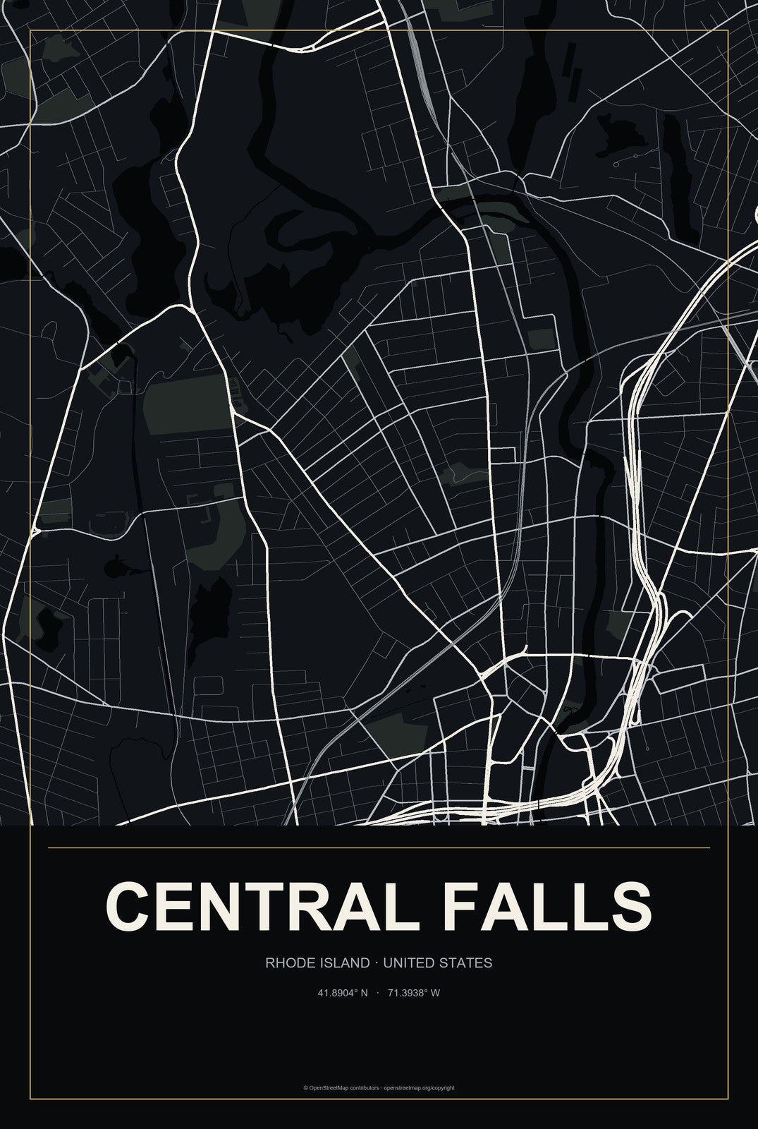 Central Falls, Rhode Island City Map Aluminum Sign in Metropolitan Noir style