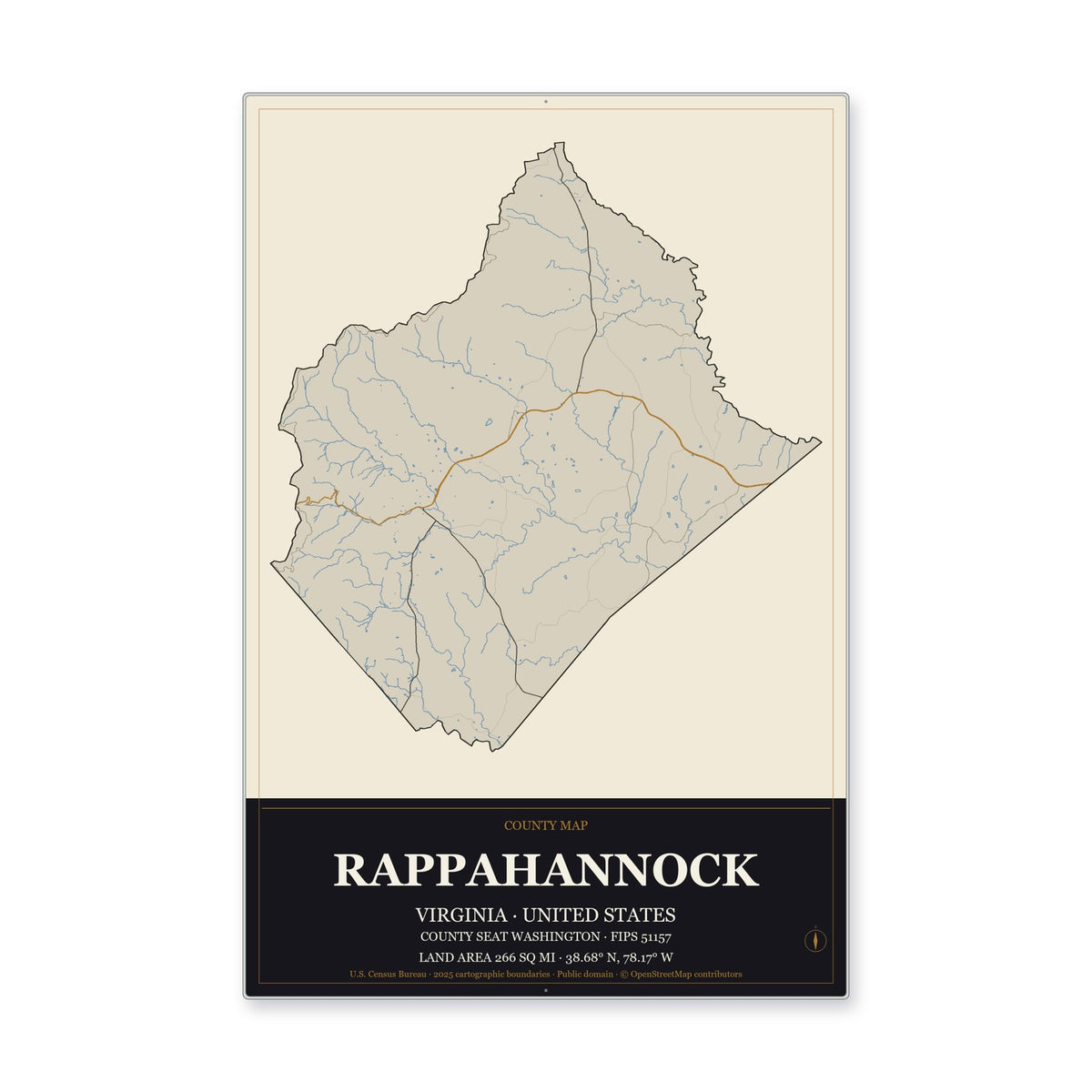 Rappahannock County, Virginia Map Aluminum Sign in Museum Plaque style