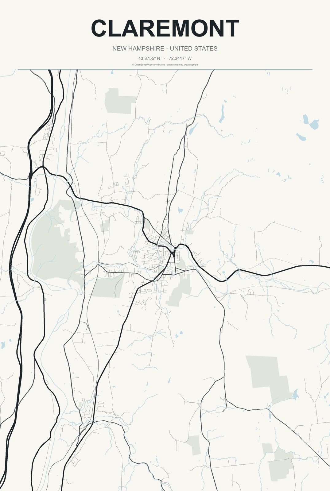 Claremont, New Hampshire City Map Aluminum Sign in Headline Atlas style