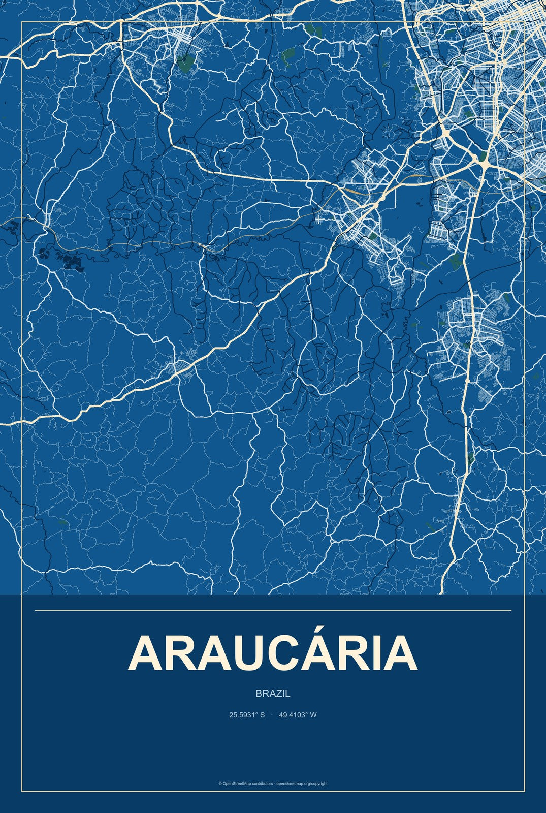 Araucária, Brazil City Map Aluminum Sign in Harbor Cobalt style