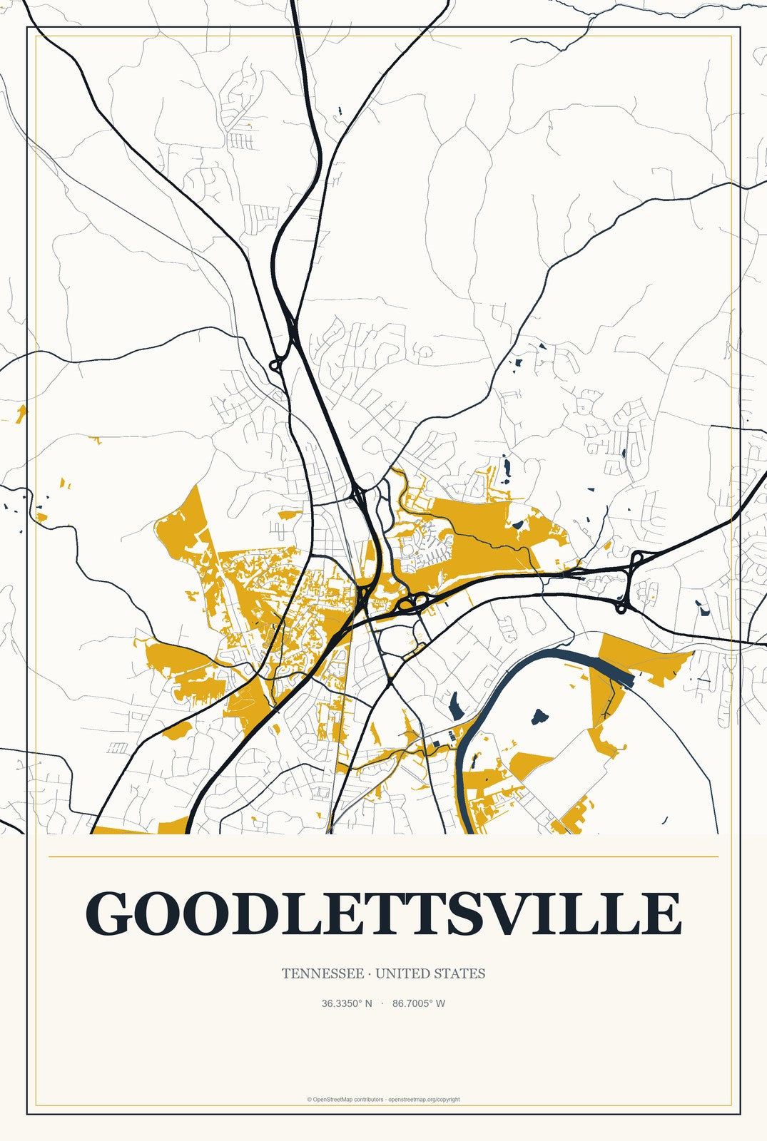 Goodlettsville, Tennessee City Map Aluminum Sign in Citrine Modern style
