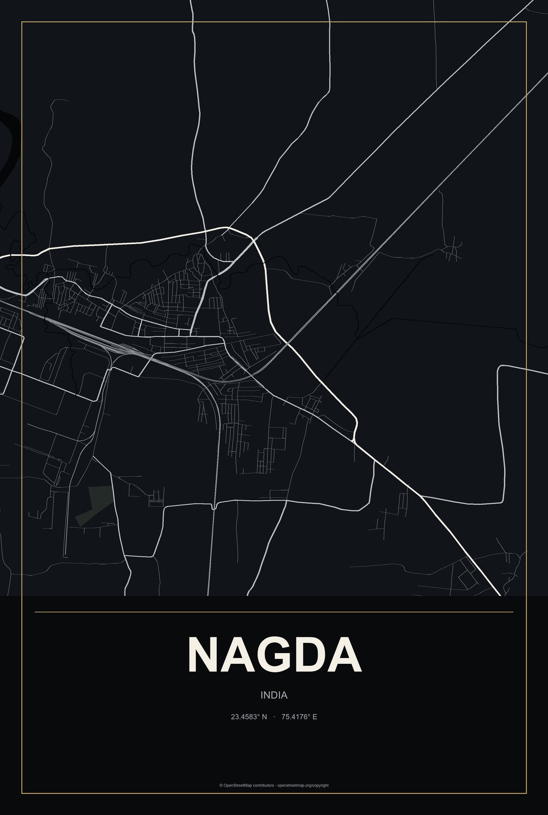 Nagda, India City Map Aluminum Sign in Metropolitan Noir style