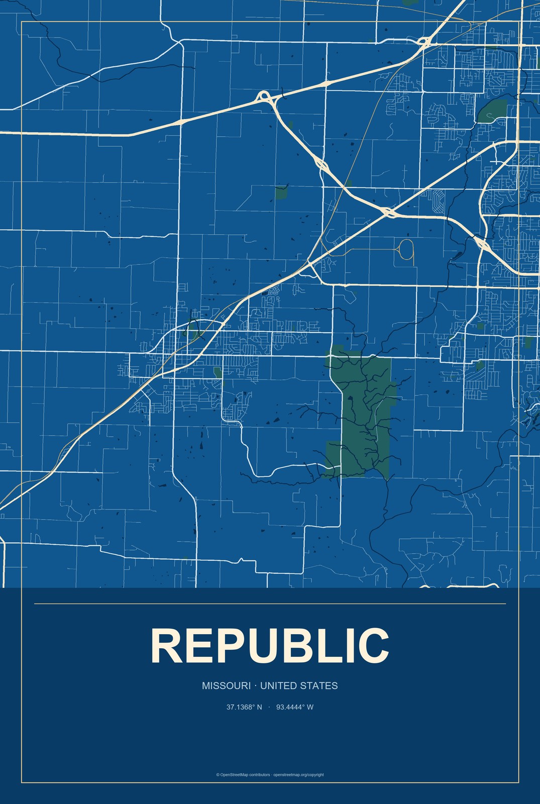 Republic, Missouri City Map Aluminum Sign in Harbor Cobalt style