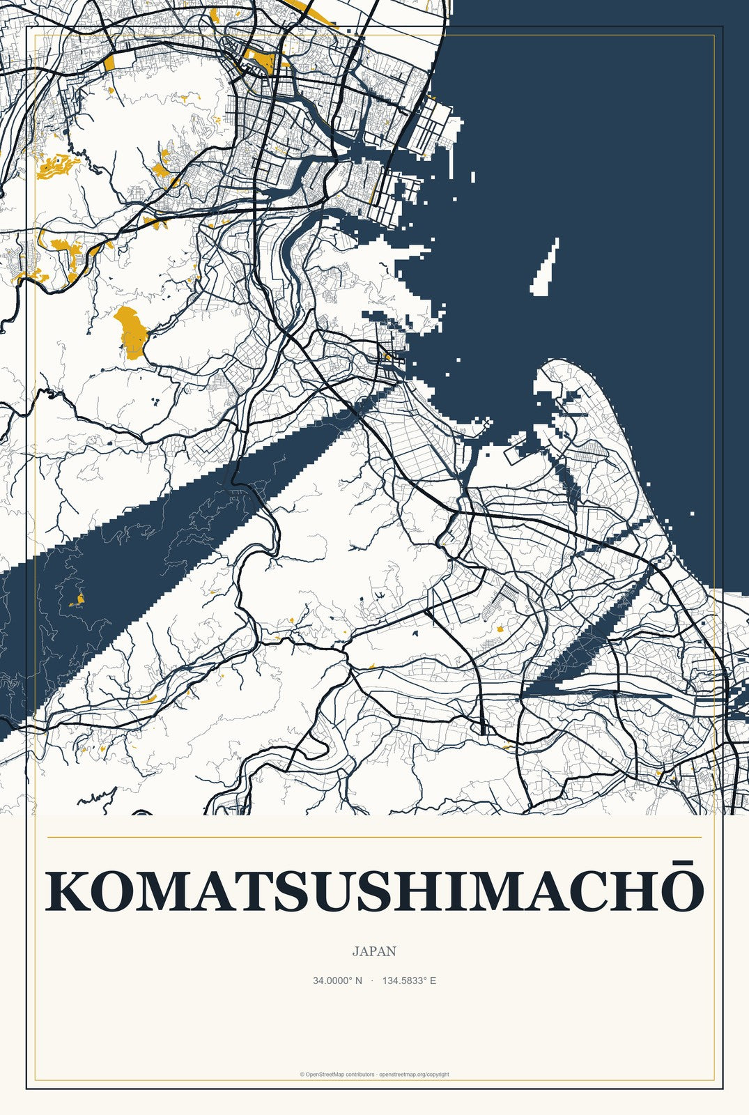 Komatsushimachō, Japan City Map Aluminum Sign in Citrine Modern style