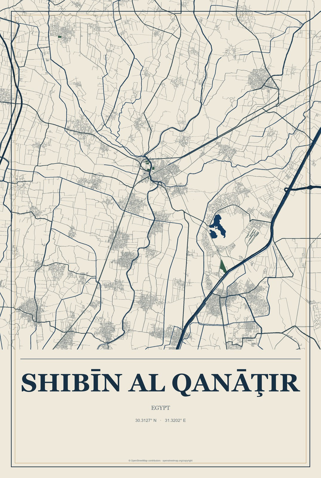 Shibīn al Qanāţir, Egypt City Map Aluminum Sign in Coastal Cutout style