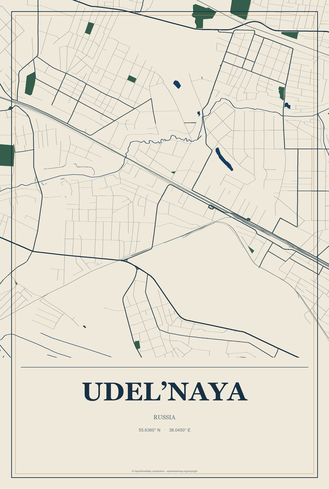 Udel’naya, Russia City Map Aluminum Sign in Coastal Cutout style