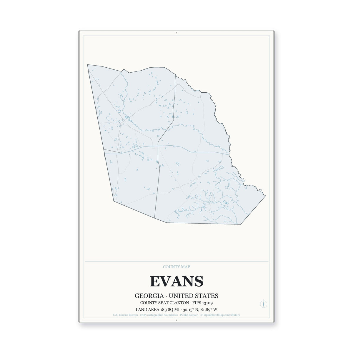 Evans County, Georgia Map Aluminum Sign in Gallery Air style