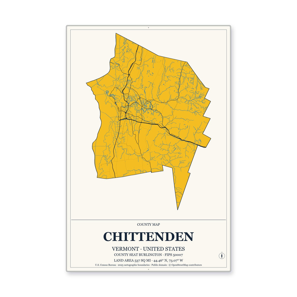 Chittenden County, Vermont Map Aluminum Sign in Citrine Modern style