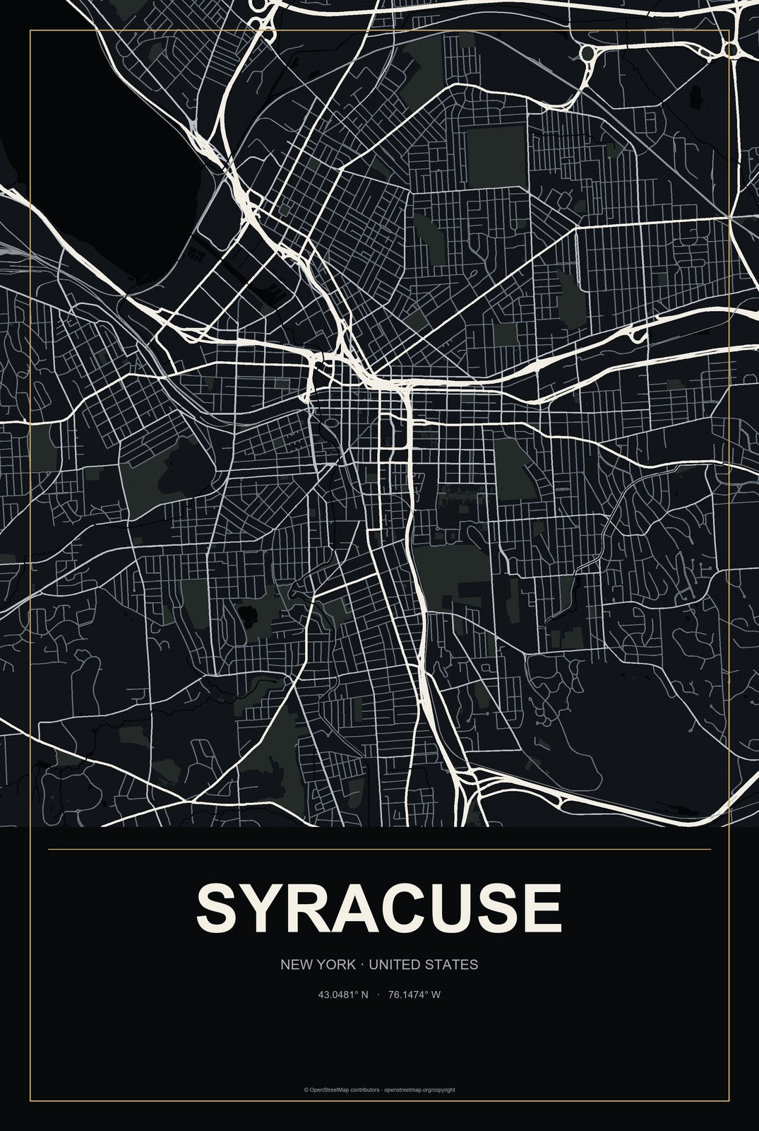 Syracuse, New York City Map Aluminum Sign in Metropolitan Noir style