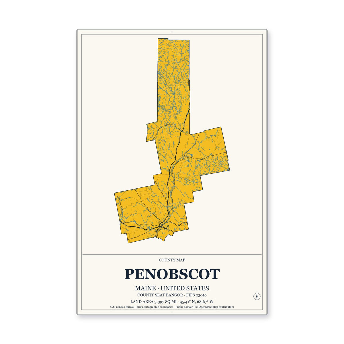Penobscot County, Maine Map Aluminum Sign in Citrine Modern style