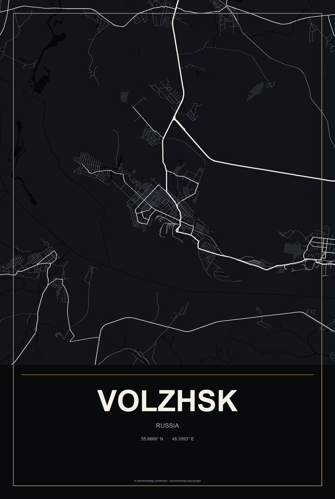 Volzhsk, Russia City Map Aluminum Sign in Metropolitan Noir style