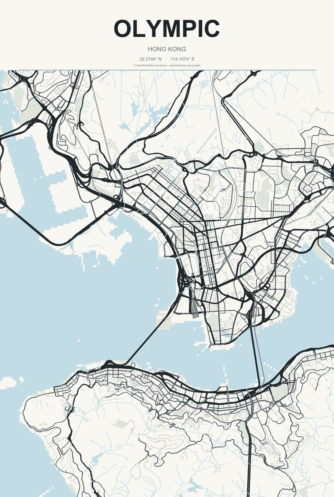 Olympic, Hong Kong City Map Aluminum Sign in Headline Atlas style