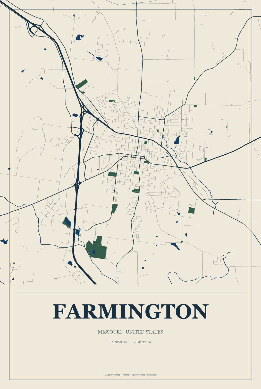 Farmington, Missouri City Map Aluminum Sign in Coastal Cutout style