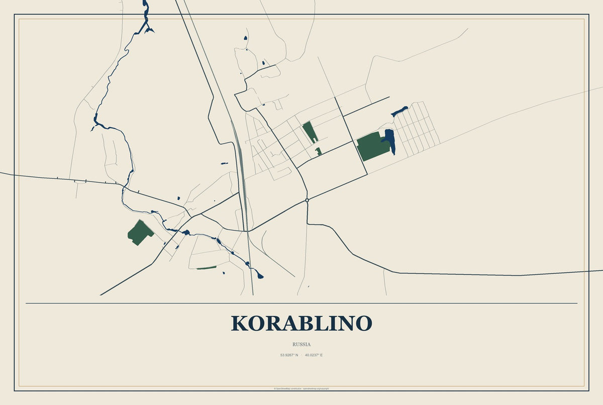 Korablino, Russia City Map Aluminum Sign in Coastal Cutout style