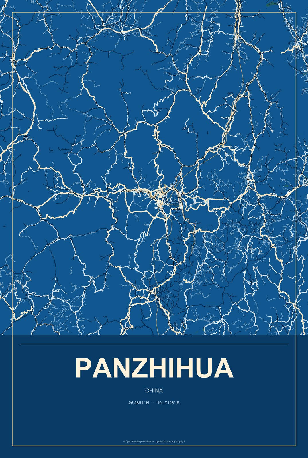 Panzhihua, China City Map Aluminum Sign in Harbor Cobalt style
