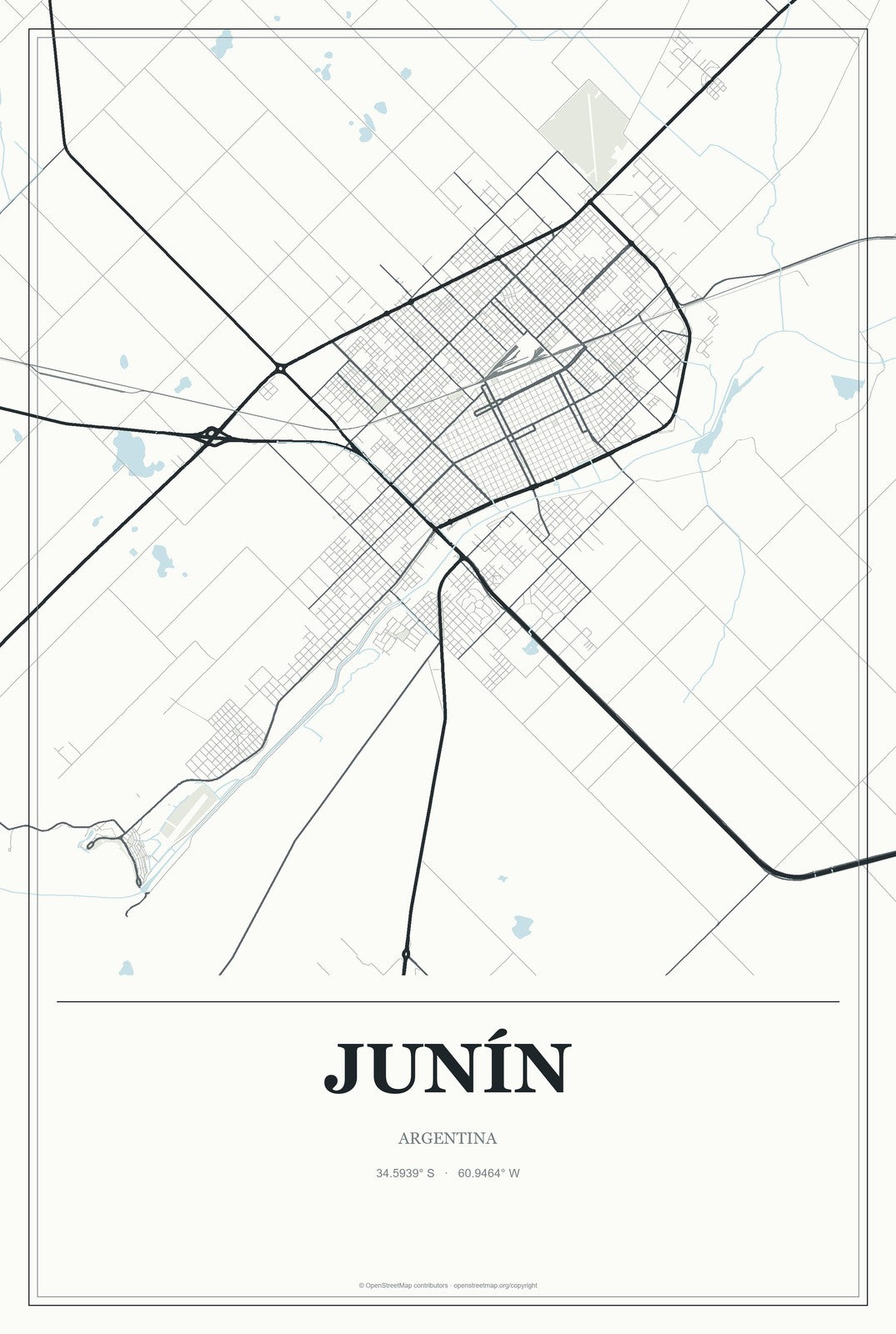 Junín, Mendoza, Argentina City Map Aluminum Sign in Gallery Air style