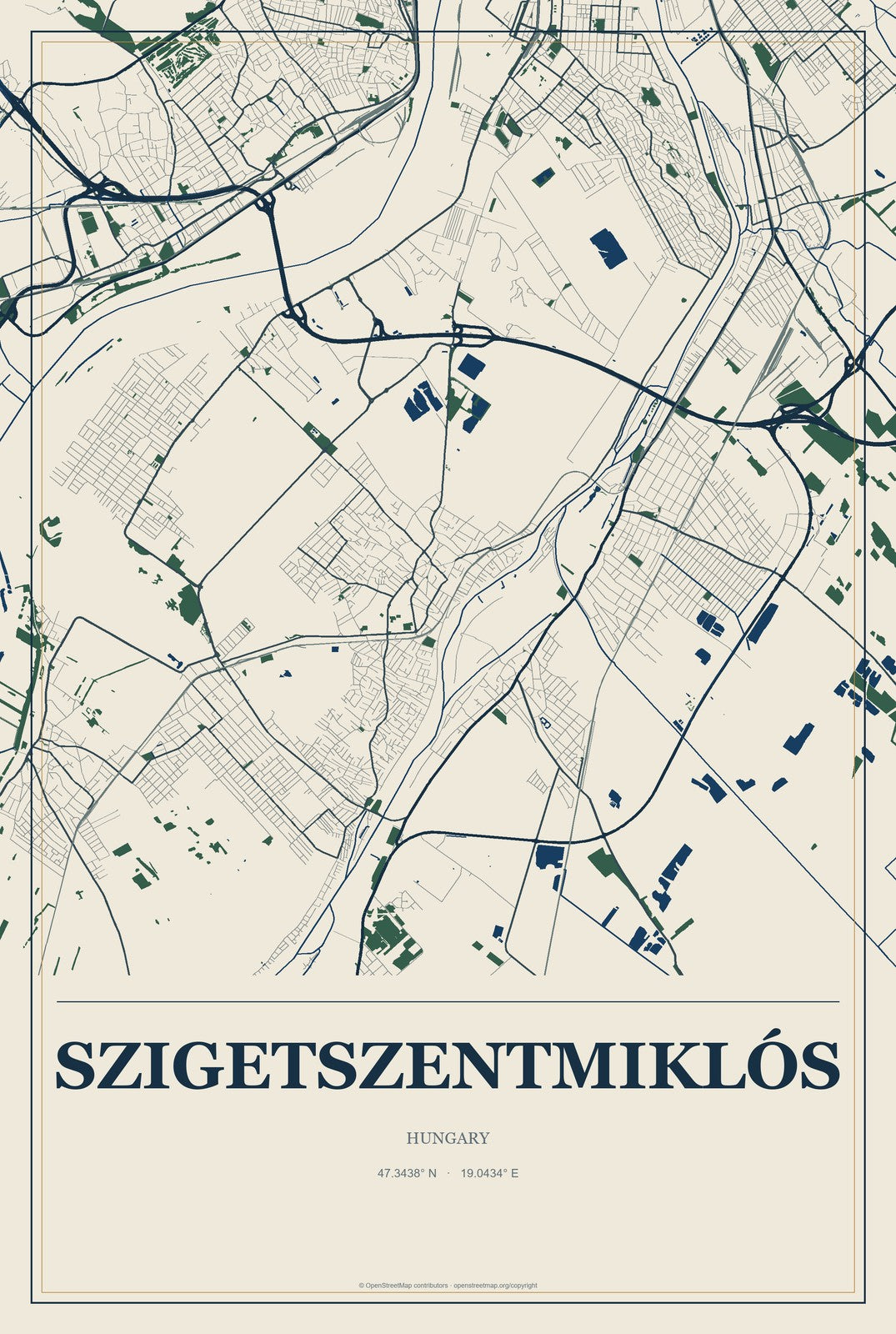 Szigetszentmiklós, Hungary City Map Aluminum Sign in Coastal Cutout style