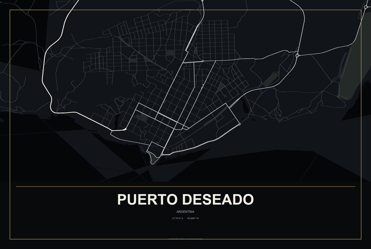Puerto Deseado, Argentina City Map Aluminum Sign in Metropolitan Noir style