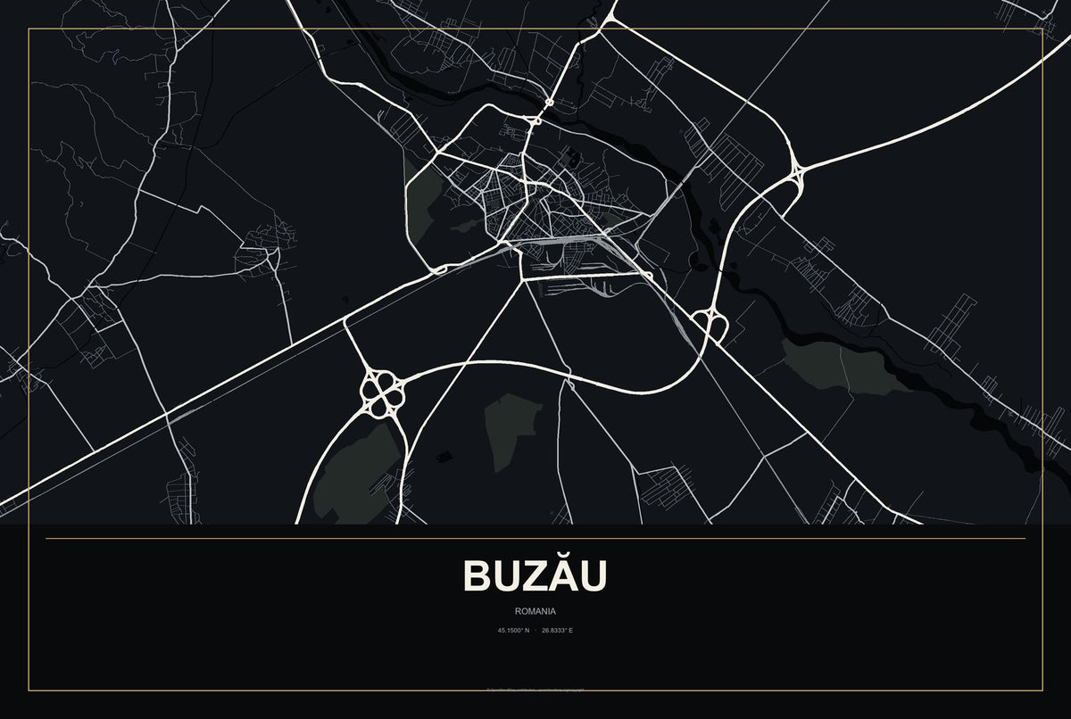 Buzău, Romania City Map Aluminum Sign in Metropolitan Noir style