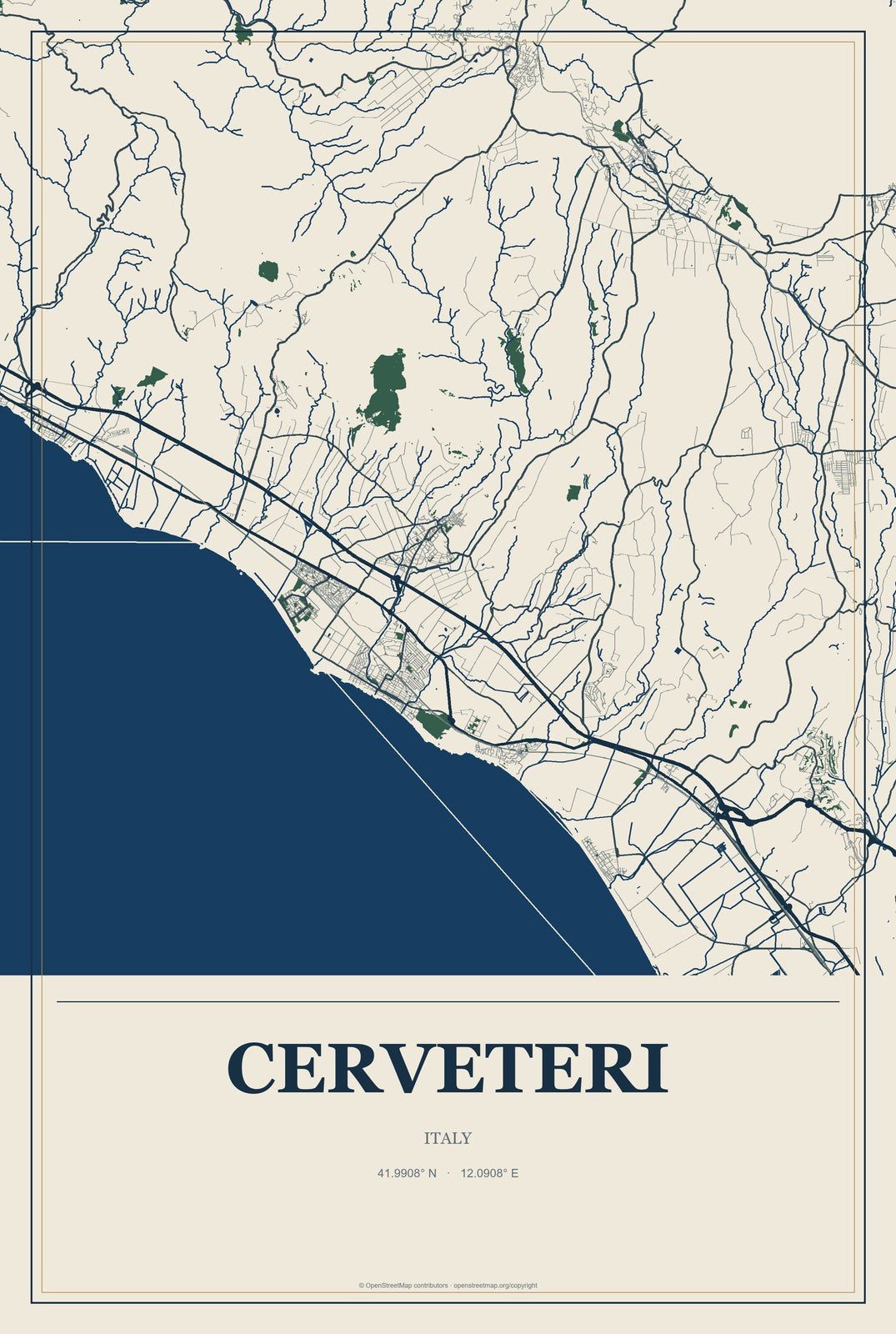 Cerveteri, Italy City Map Aluminum Sign in Coastal Cutout style