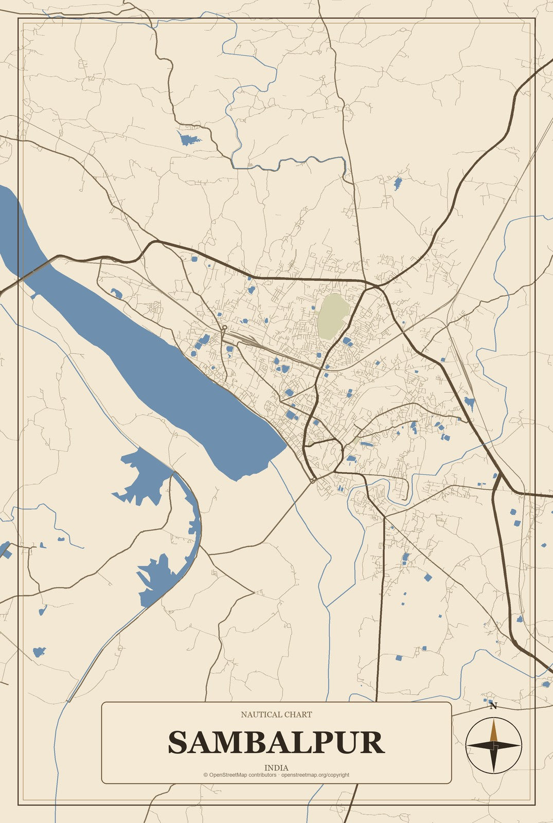 Sambalpur, India City Map Aluminum Sign in Heritage Nautical style