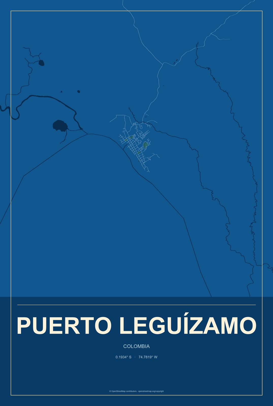 Puerto Leguízamo, Colombia City Map Aluminum Sign in Harbor Cobalt style