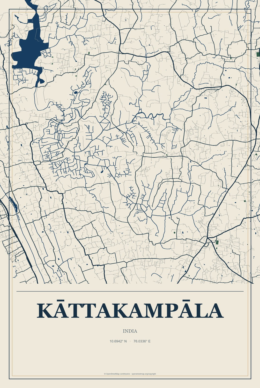 Kāttakampāla, India City Map Aluminum Sign in Coastal Cutout style