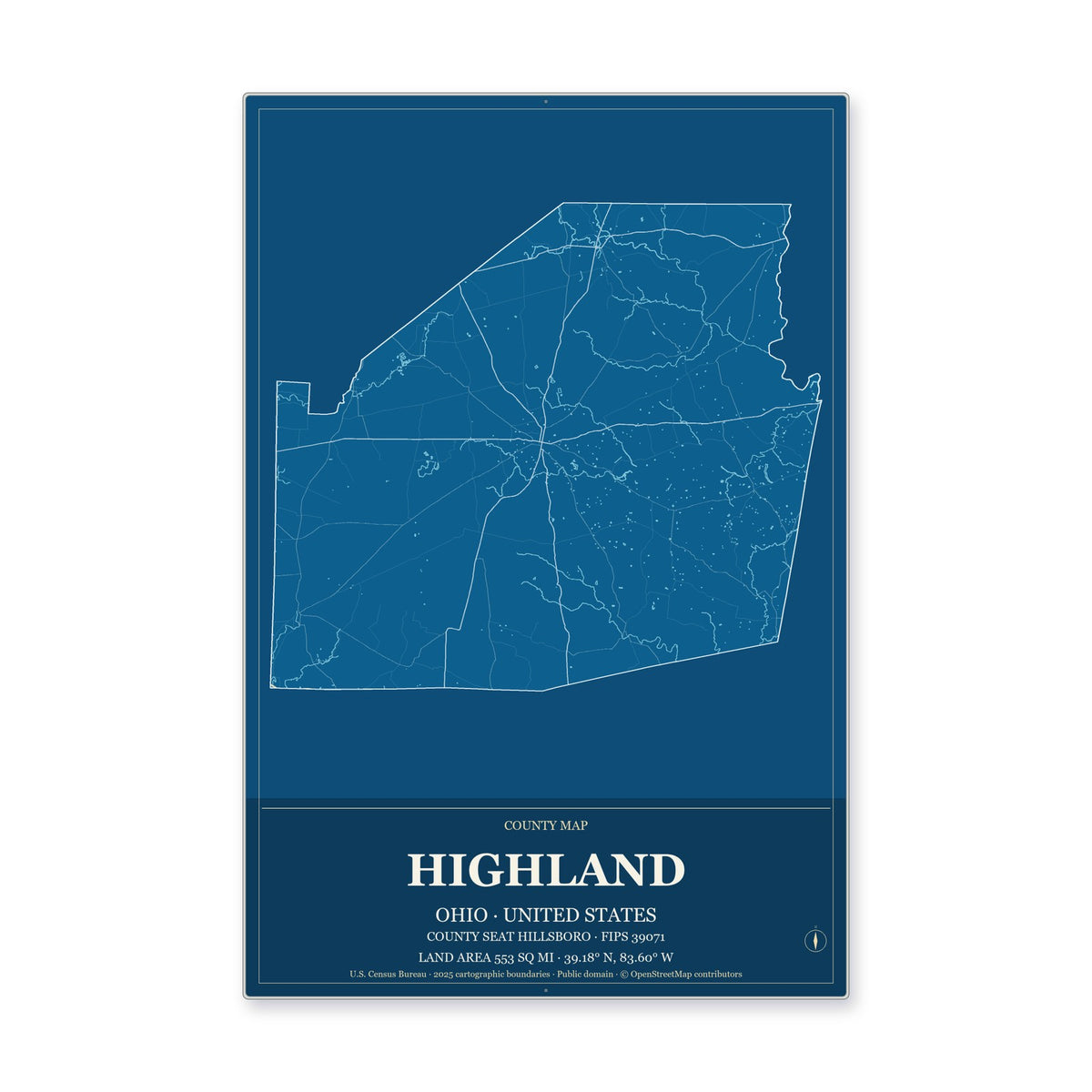 Highland County, Ohio Map Aluminum Sign in Harbor Cobalt style