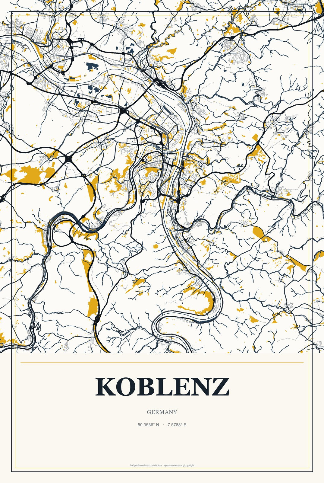 Koblenz, Germany City Map Aluminum Sign in Citrine Modern style