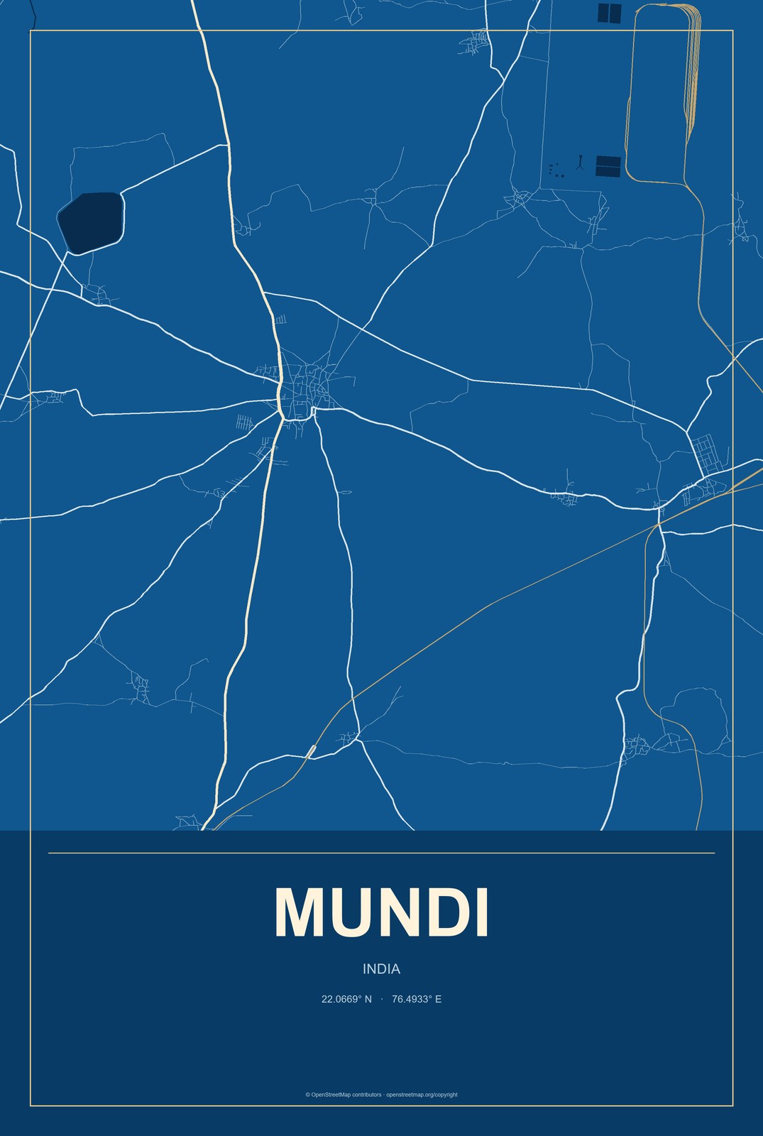 Mundi, India City Map Aluminum Sign in Harbor Cobalt style
