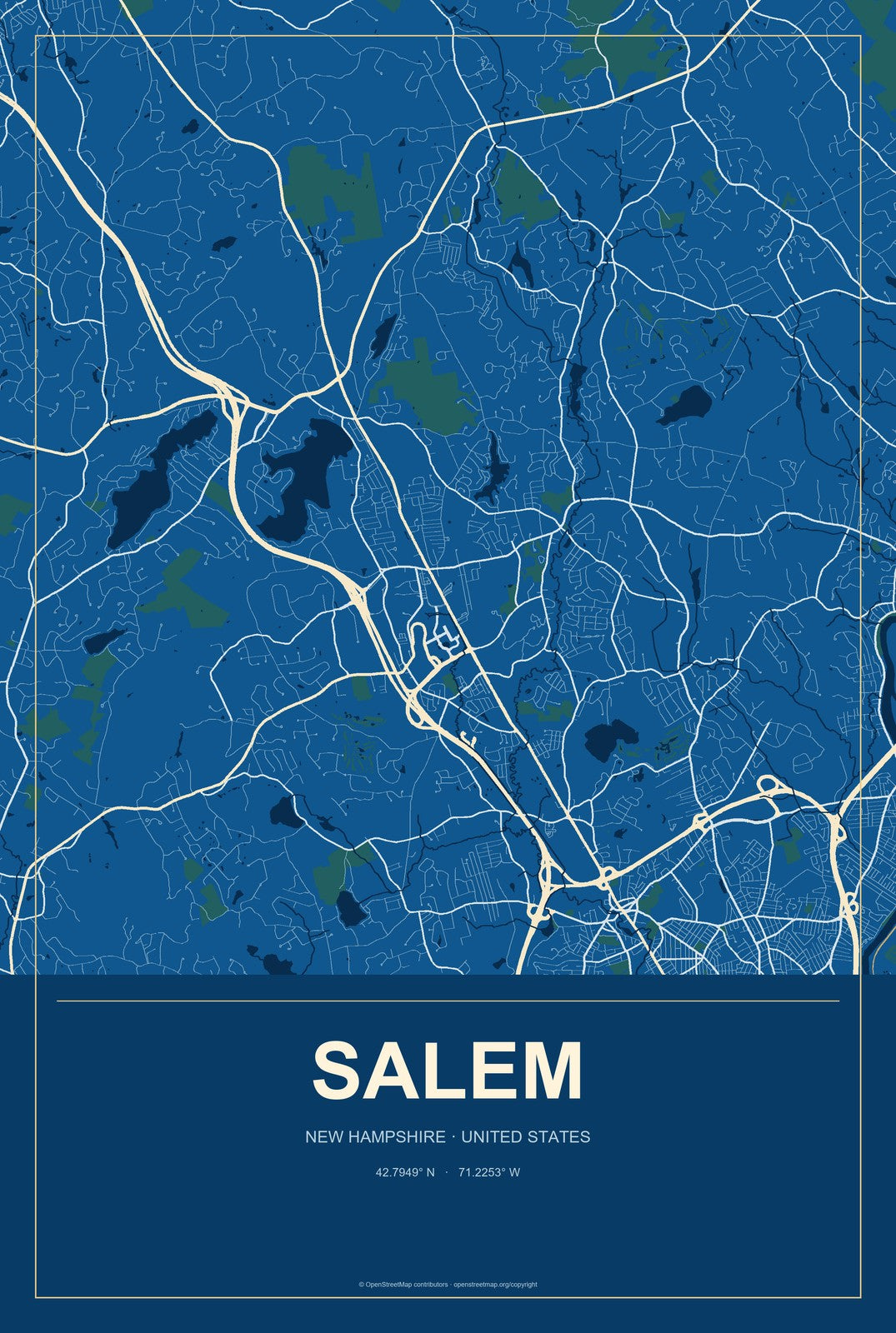 Salem, New Hampshire City Map Aluminum Sign in Harbor Cobalt style