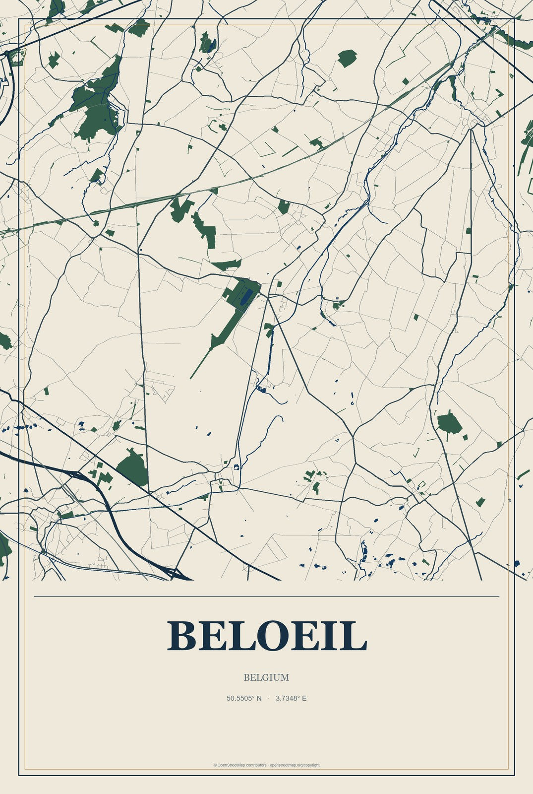 Beloeil, Belgium City Map Aluminum Sign in Coastal Cutout style