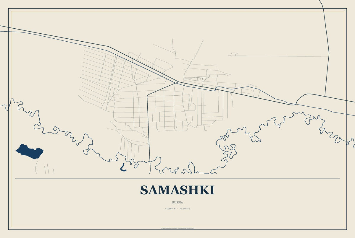 Samashki, Russia City Map Aluminum Sign in Coastal Cutout style