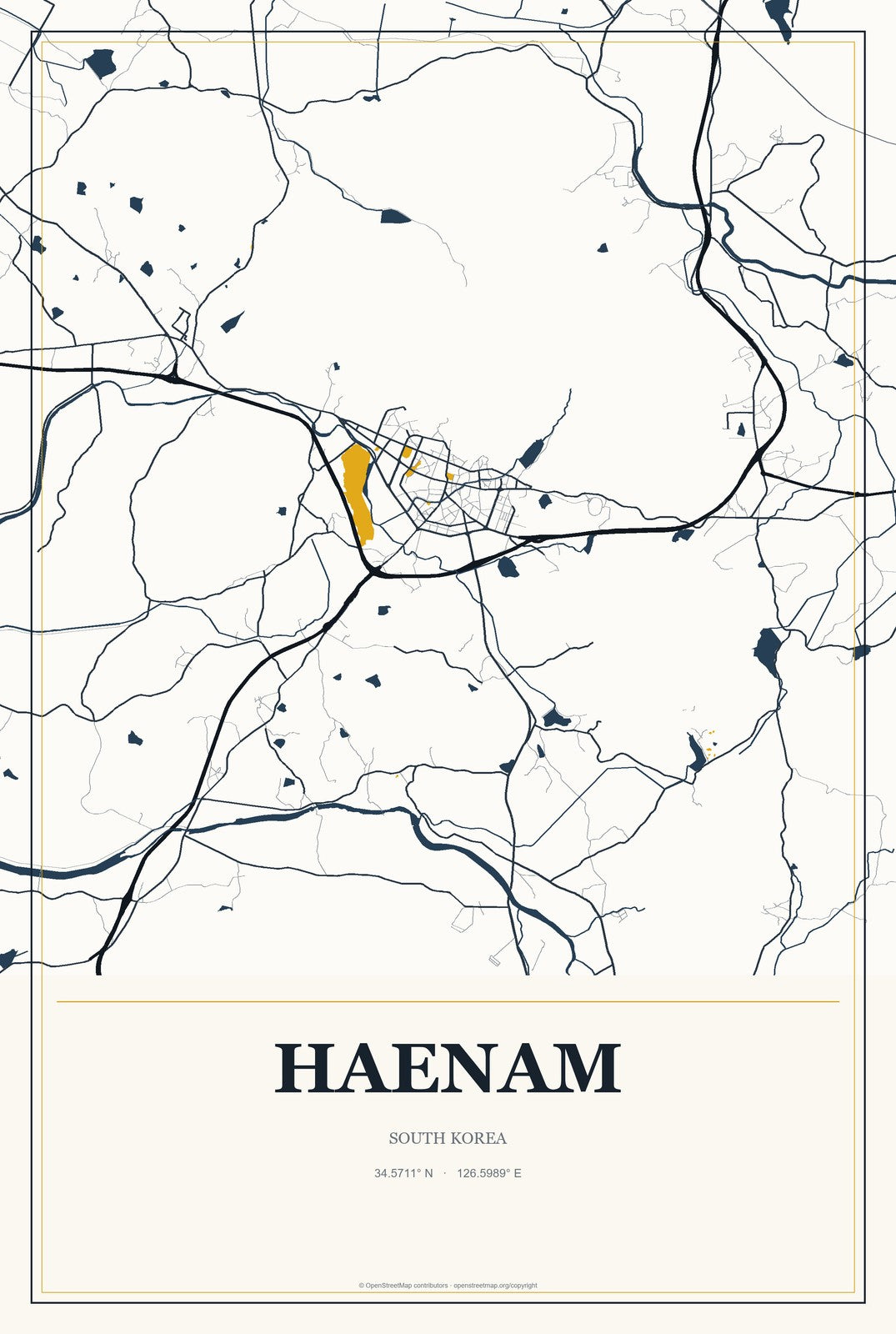 Haenam, South Korea City Map Aluminum Sign in Citrine Modern style