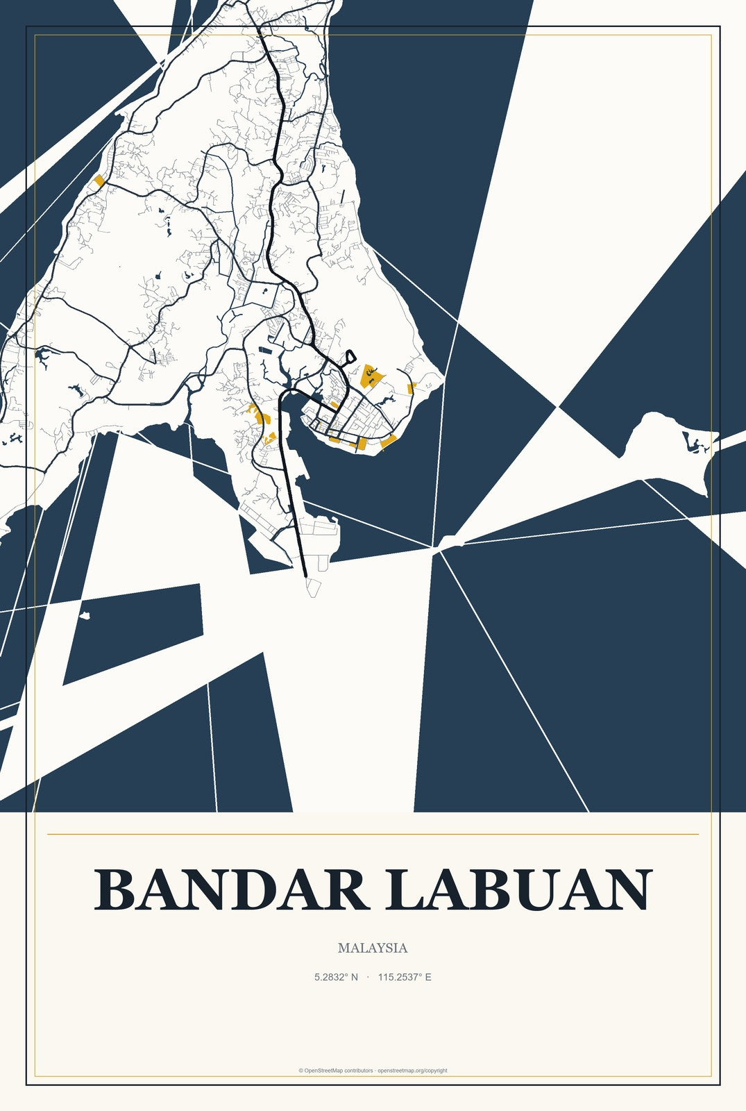 Bandar Labuan, Malaysia City Map Aluminum Sign in Citrine Modern style
