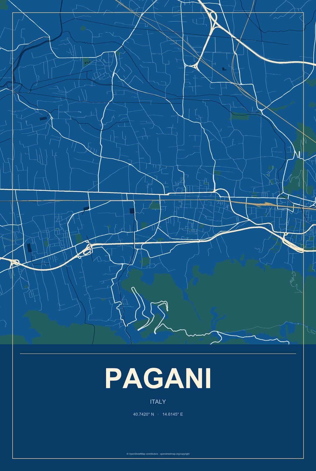 Pagani, Italy City Map Aluminum Sign in Harbor Cobalt style