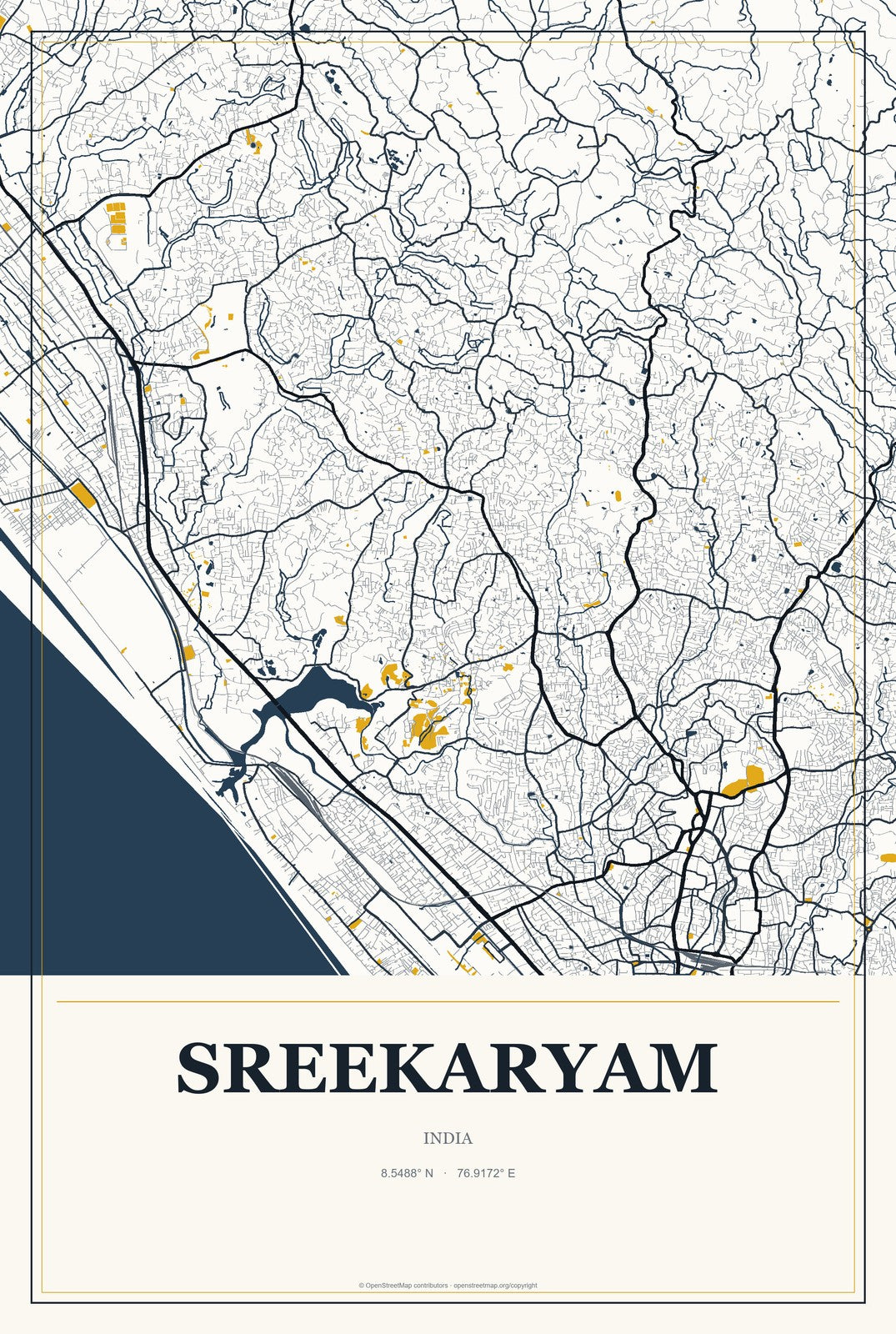 Sreekaryam, India City Map Aluminum Sign in Citrine Modern style