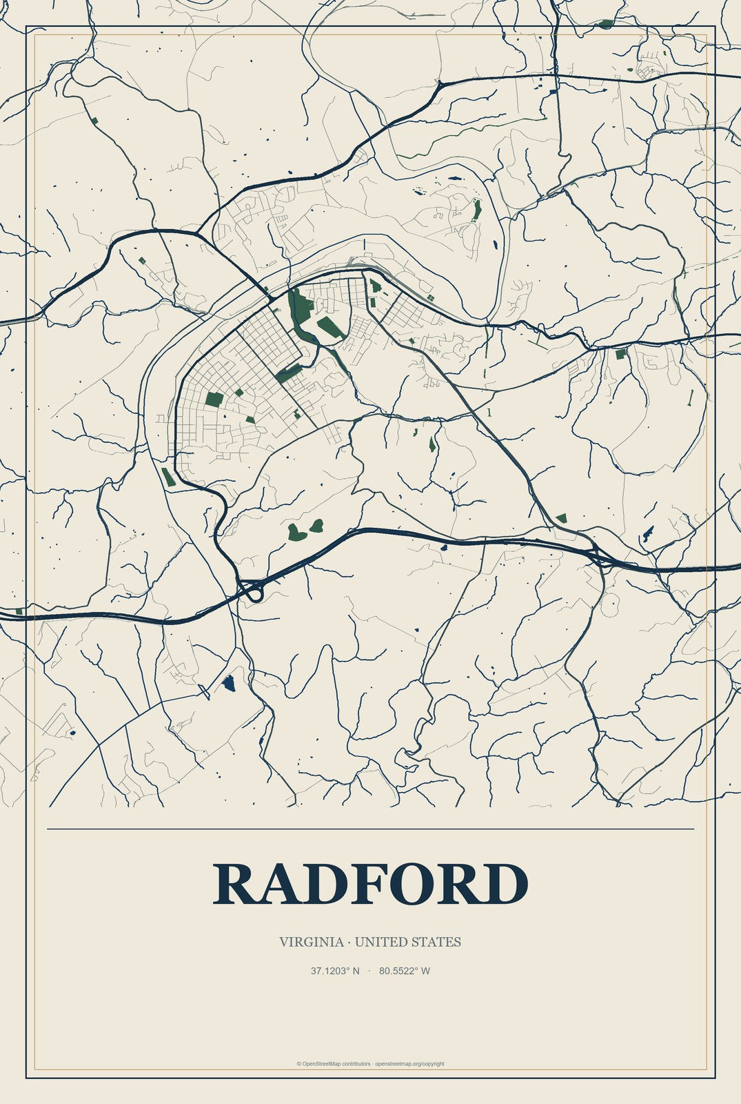 Radford, Virginia City Map Aluminum Sign in Coastal Cutout style