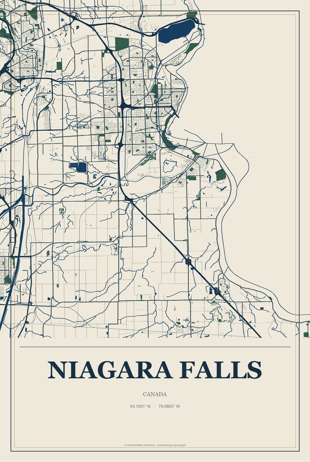 Niagara Falls, Canada City Map Aluminum Sign in Coastal Cutout style