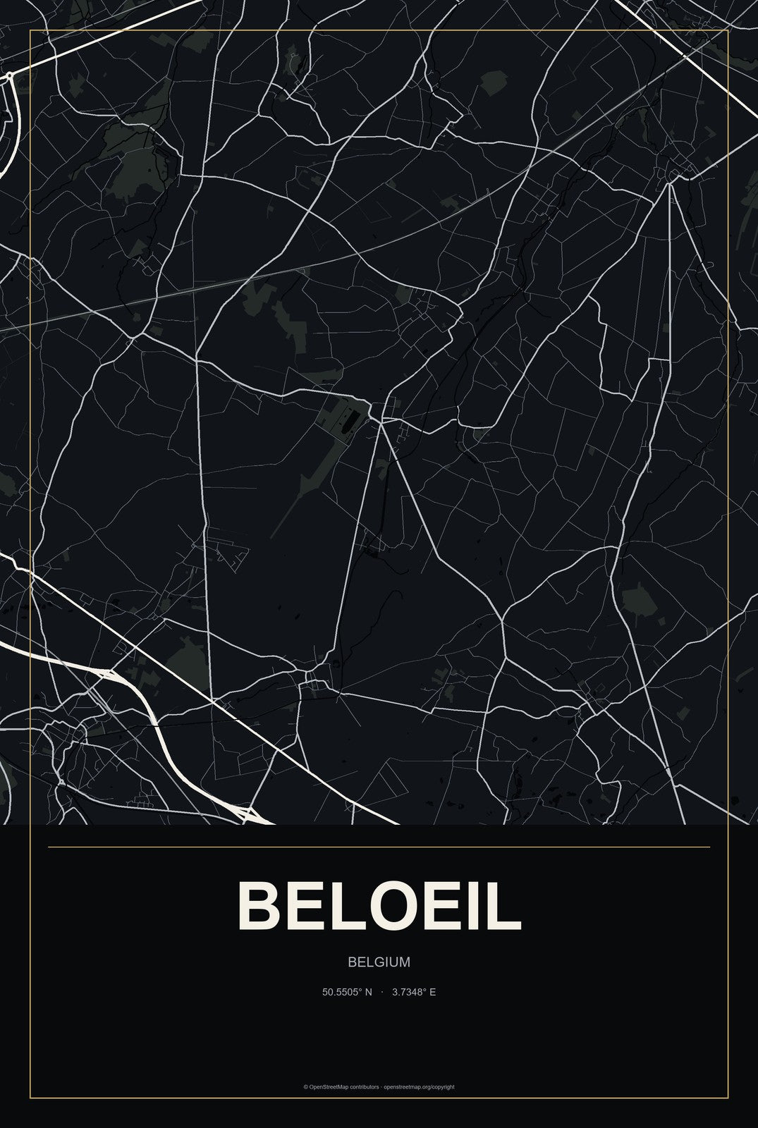 Beloeil, Belgium City Map Aluminum Sign in Metropolitan Noir style