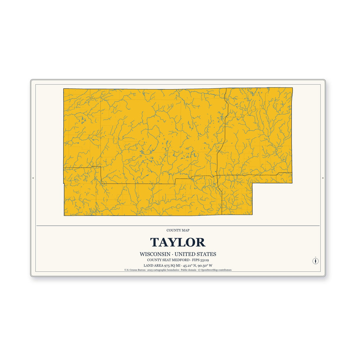 Taylor County, Wisconsin Map Aluminum Sign in Citrine Modern style