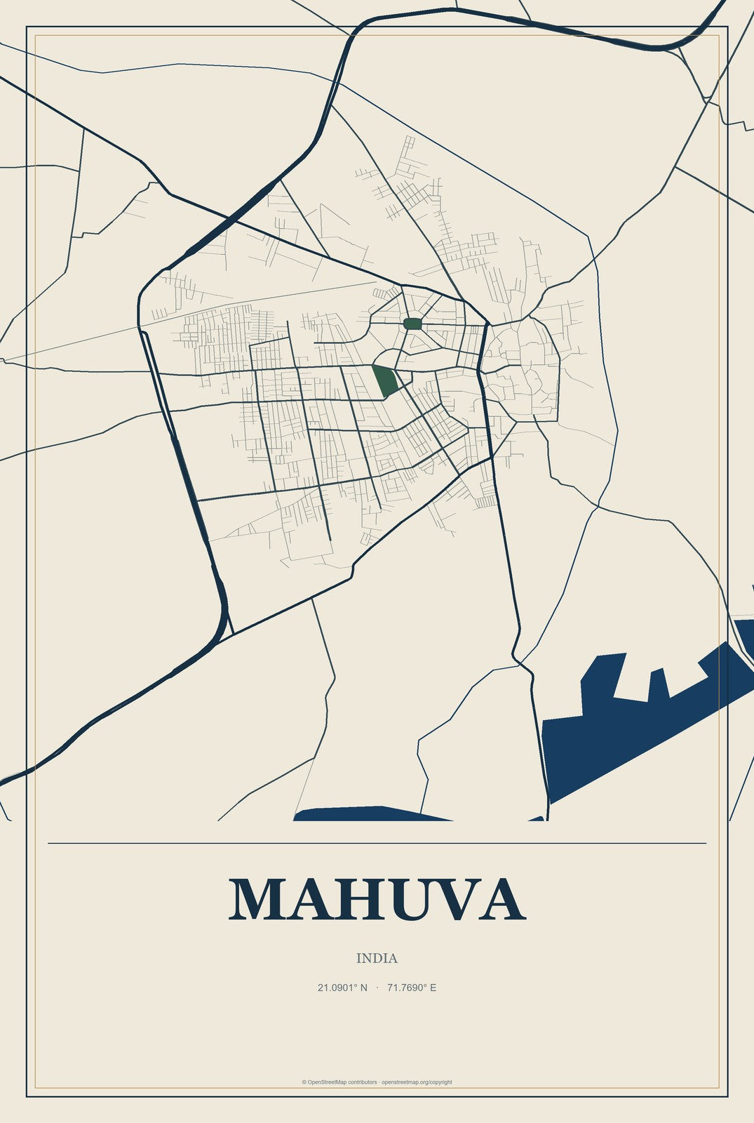 Mahuva, India City Map Aluminum Sign in Coastal Cutout style