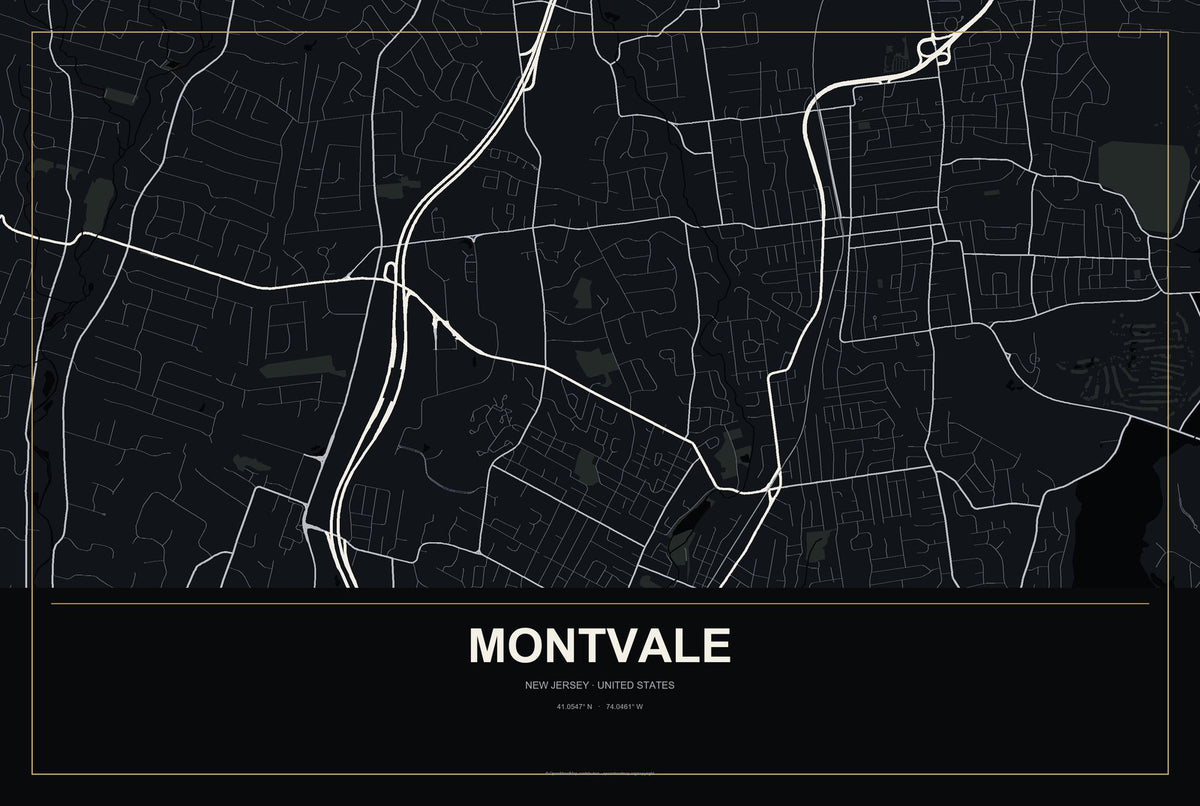 Montvale, New Jersey City Map Aluminum Sign in Metropolitan Noir style