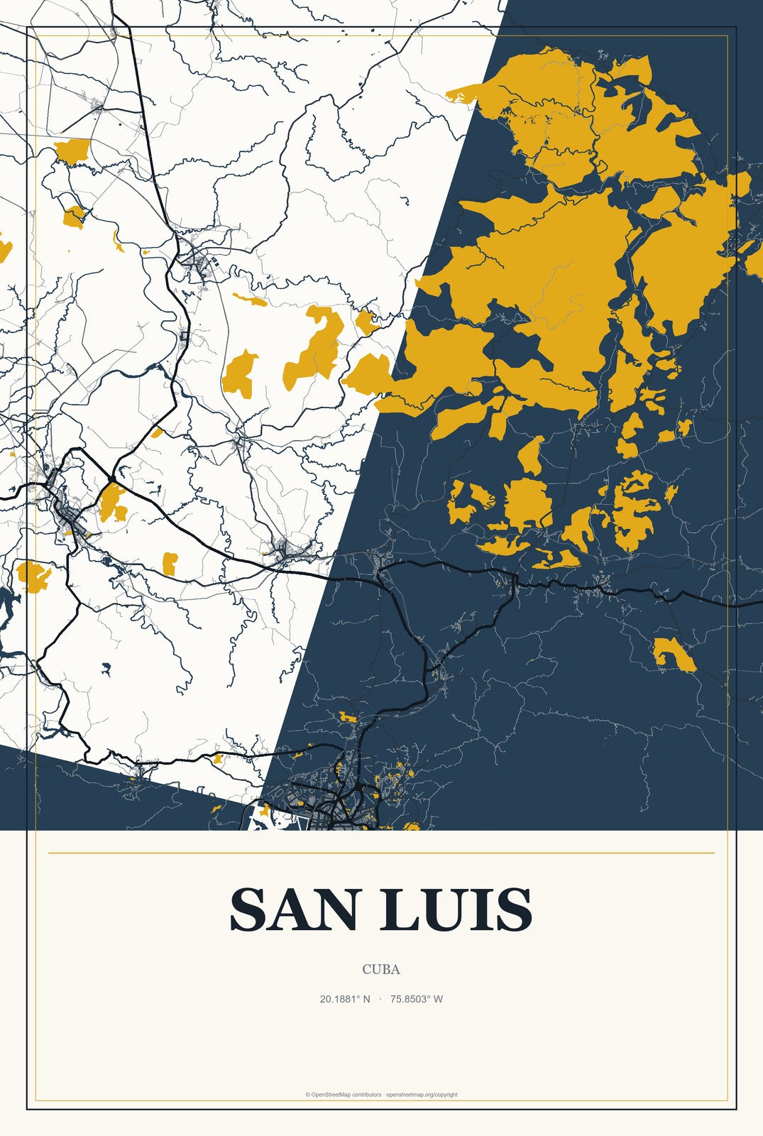 San Luis, Cuba City Map Aluminum Sign in Citrine Modern style