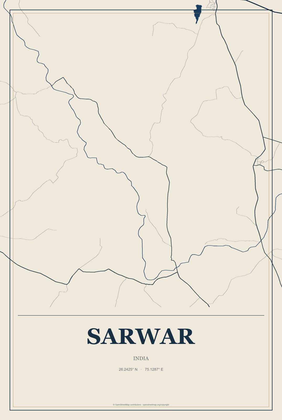 Sarwar, India City Map Aluminum Sign in Coastal Cutout style