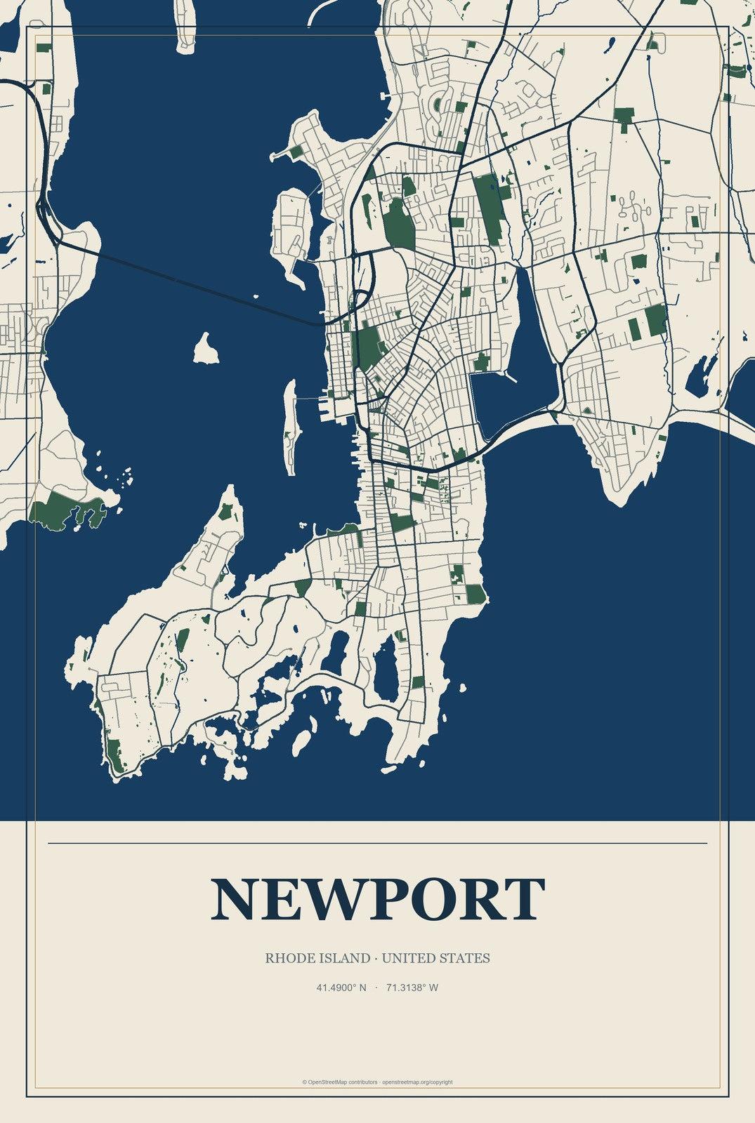 Newport, Rhode Island City Map Aluminum Sign in Coastal Cutout style