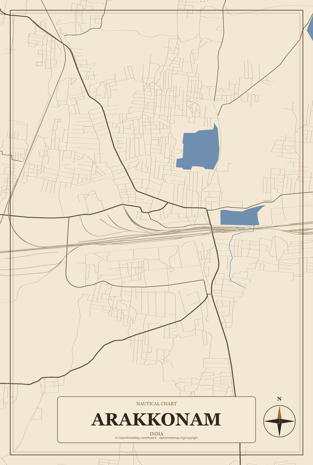 Arakkonam, India City Map Aluminum Sign in Heritage Nautical style