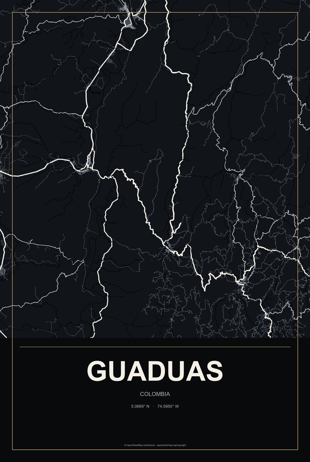 Guaduas, Colombia City Map Aluminum Sign in Metropolitan Noir style