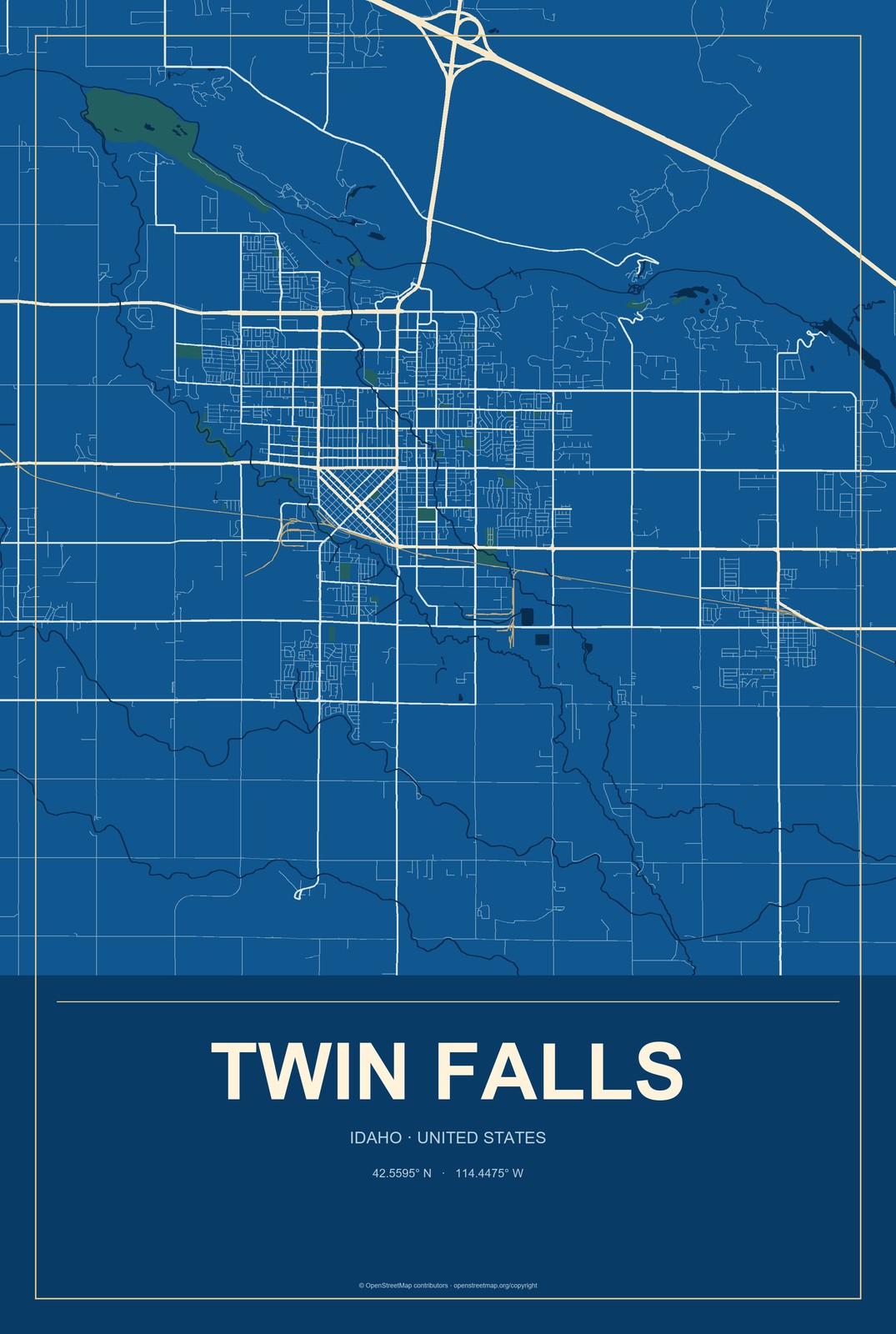 Twin Falls, Idaho City Map Aluminum Sign in Harbor Cobalt style