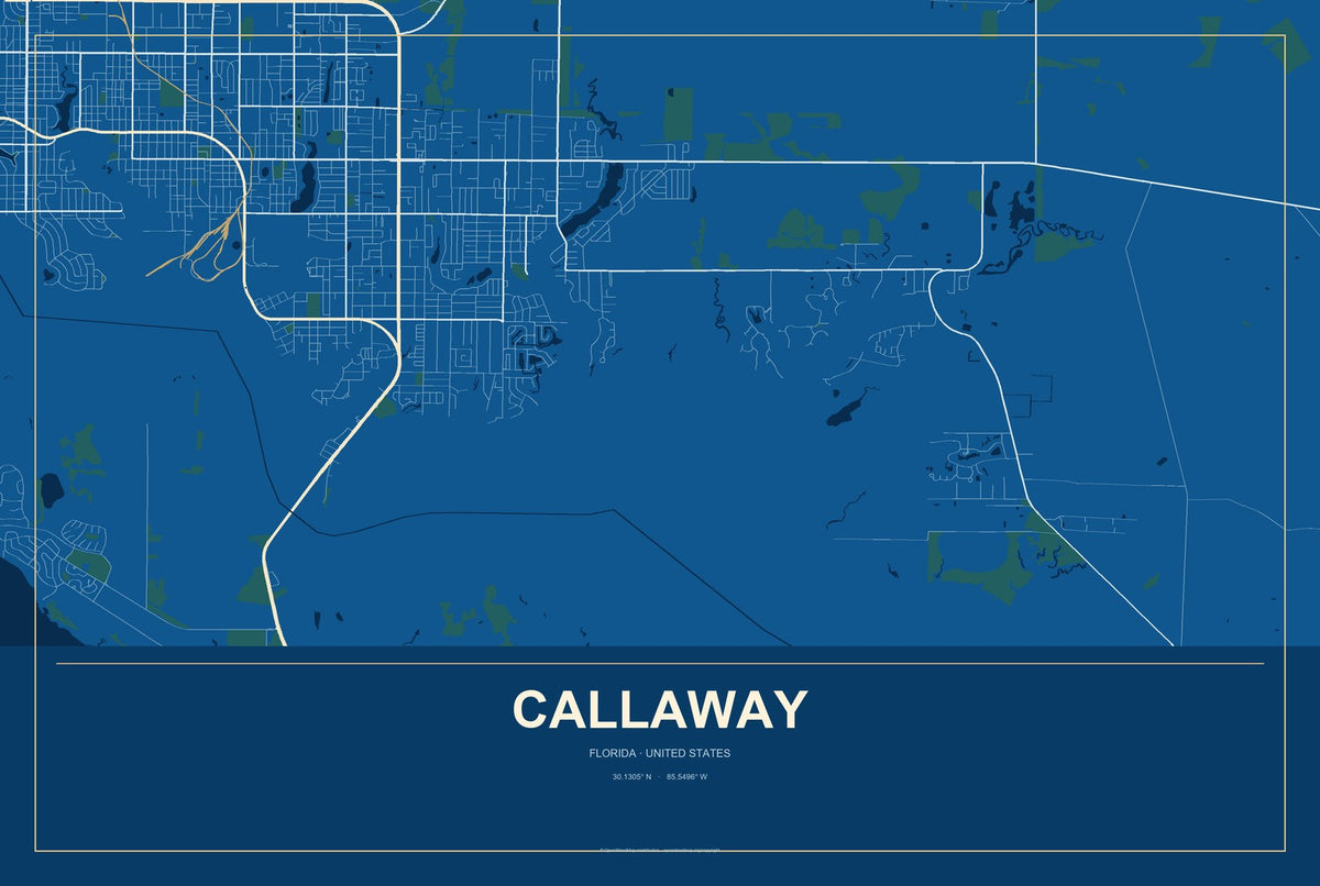 Callaway, Florida City Map Aluminum Sign in Harbor Cobalt style